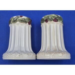 Amacan Porcelain Pillar Salt Pepper Shakers Holly Berries 3.5" Tall UNUSED